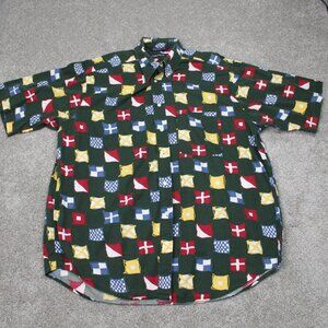 Nautica AOP Shirt Mens XL Green World Flag All Over Print Cotton S/S Button Down